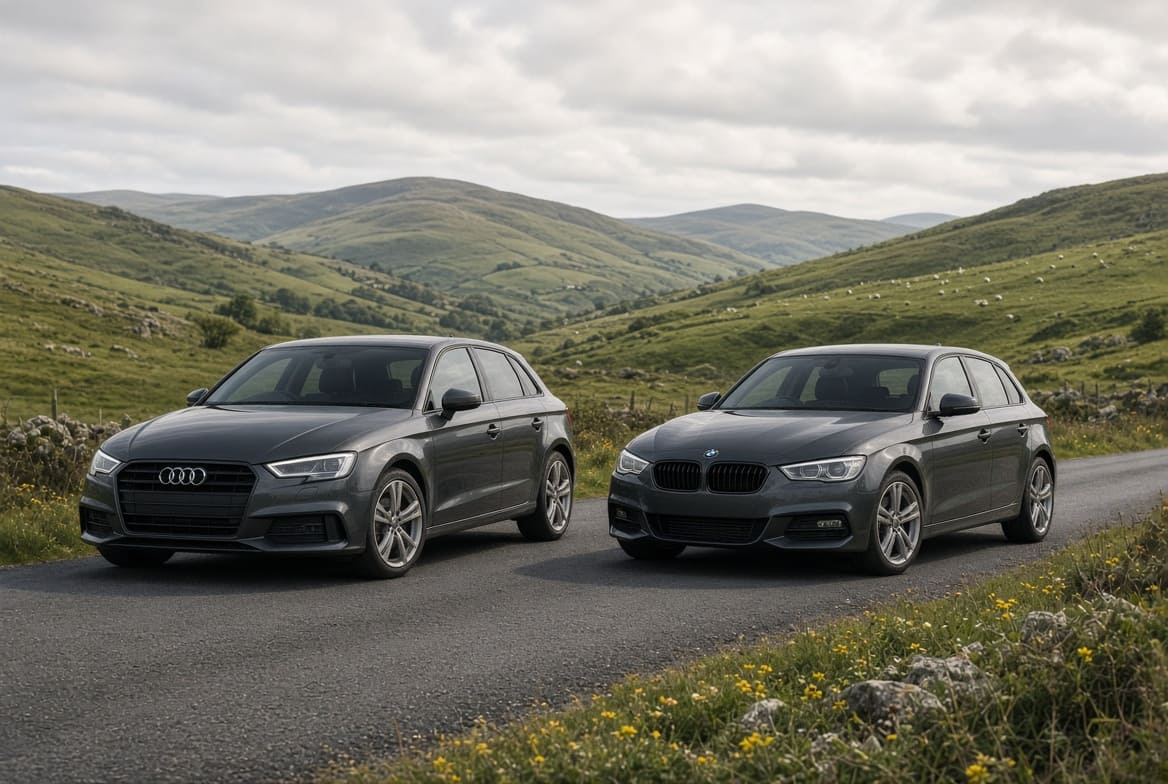 Illustration comparing Audi A3 and BMW 1 Series in Ireland