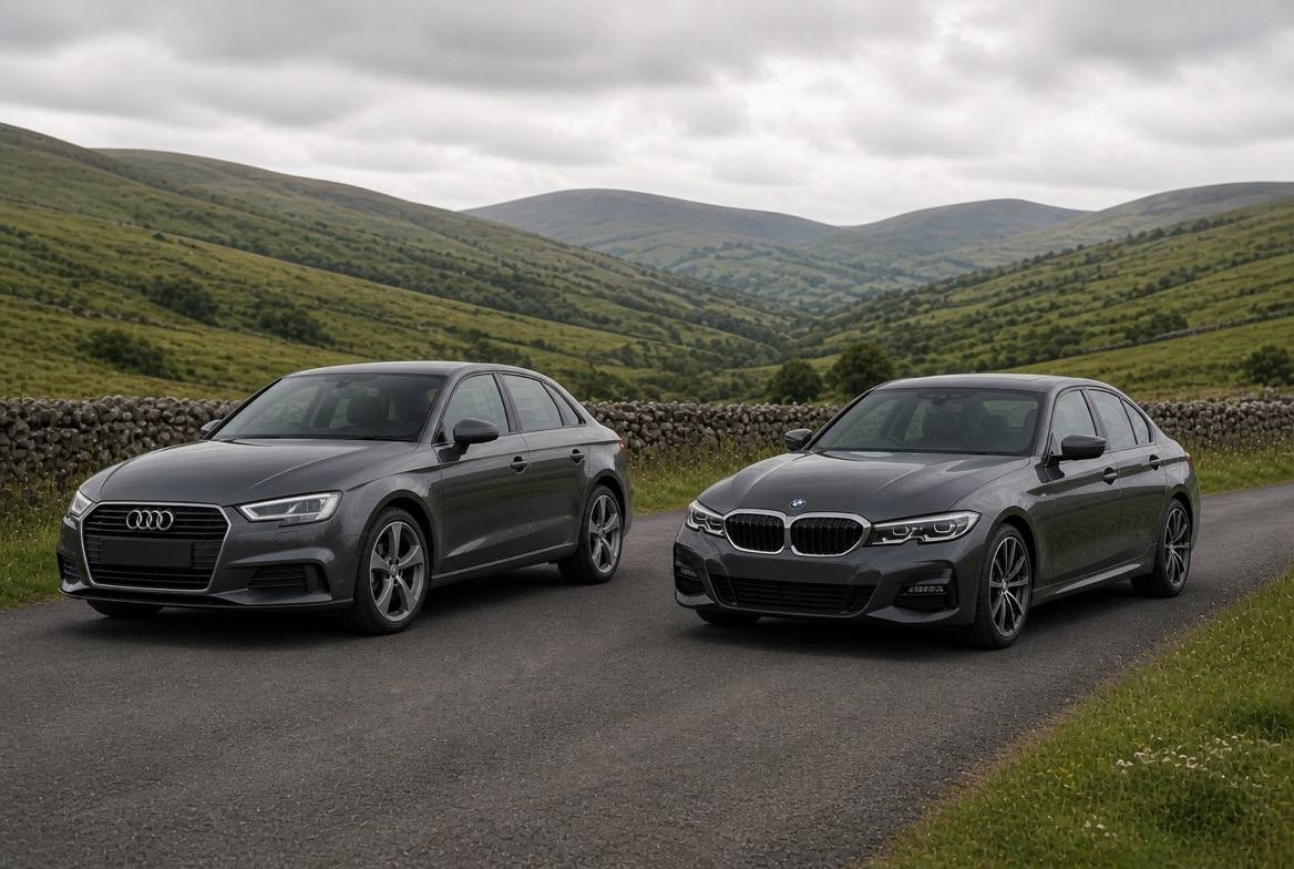 Illustration comparing a BMW 5 Series and Audi A6 in the Irish countryside