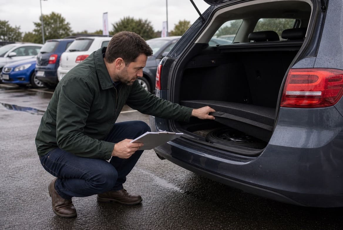 Buyer inspecting the boot of a used car with a checklist at an Irish car lot