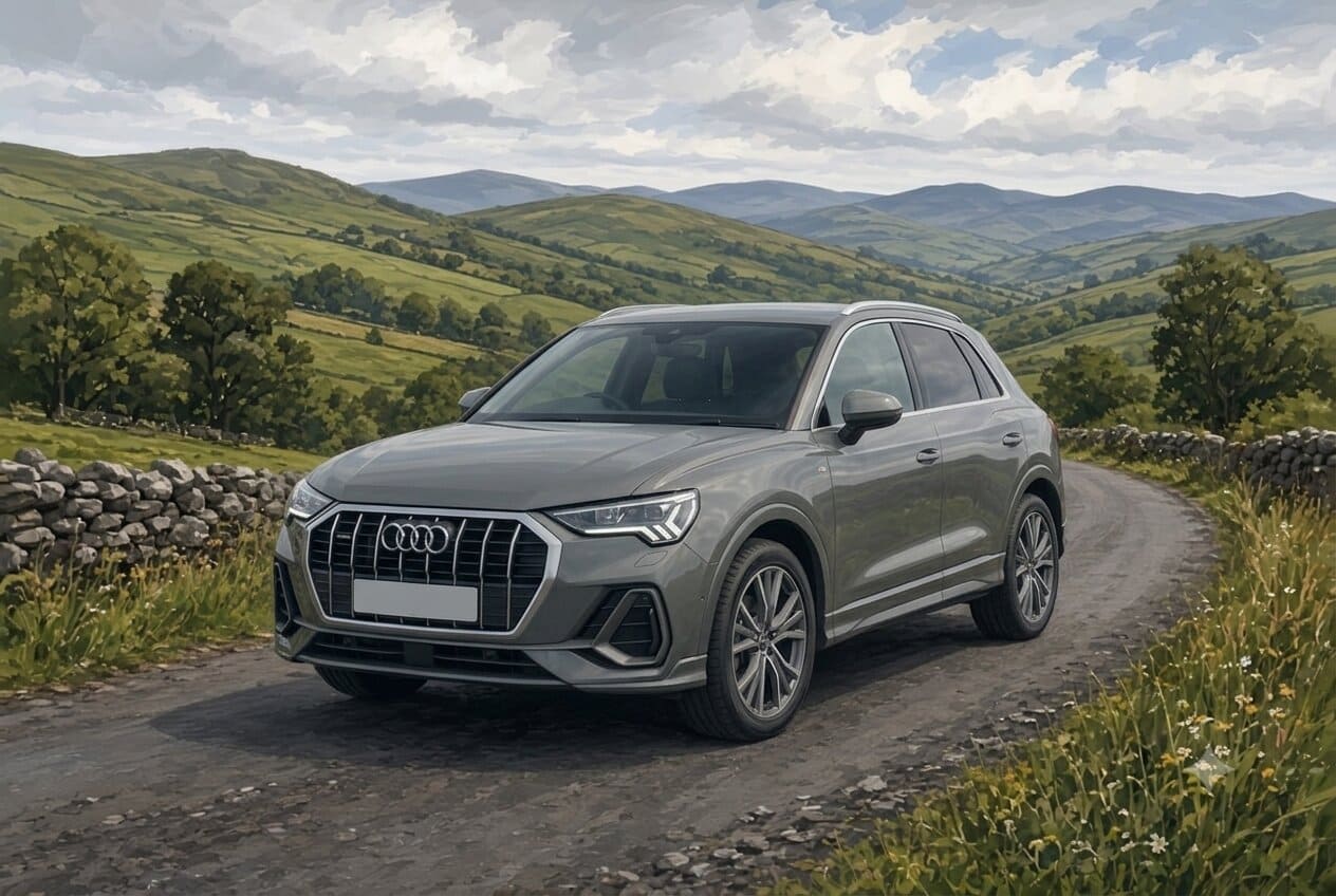 Illustration of a used Audi Q3 in the Irish countryside