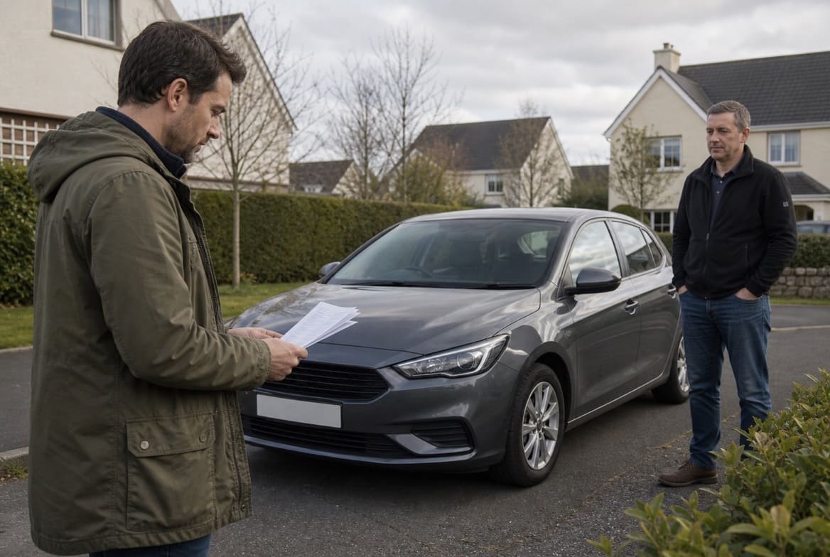 Buyer reviewing paperwork with a private seller beside a used car in Ireland