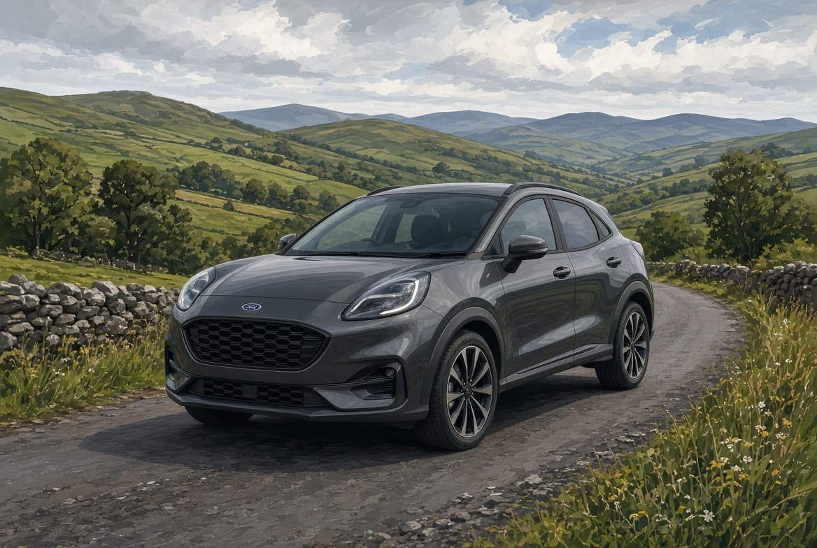 Illustration of a used Ford Puma in the Irish countryside