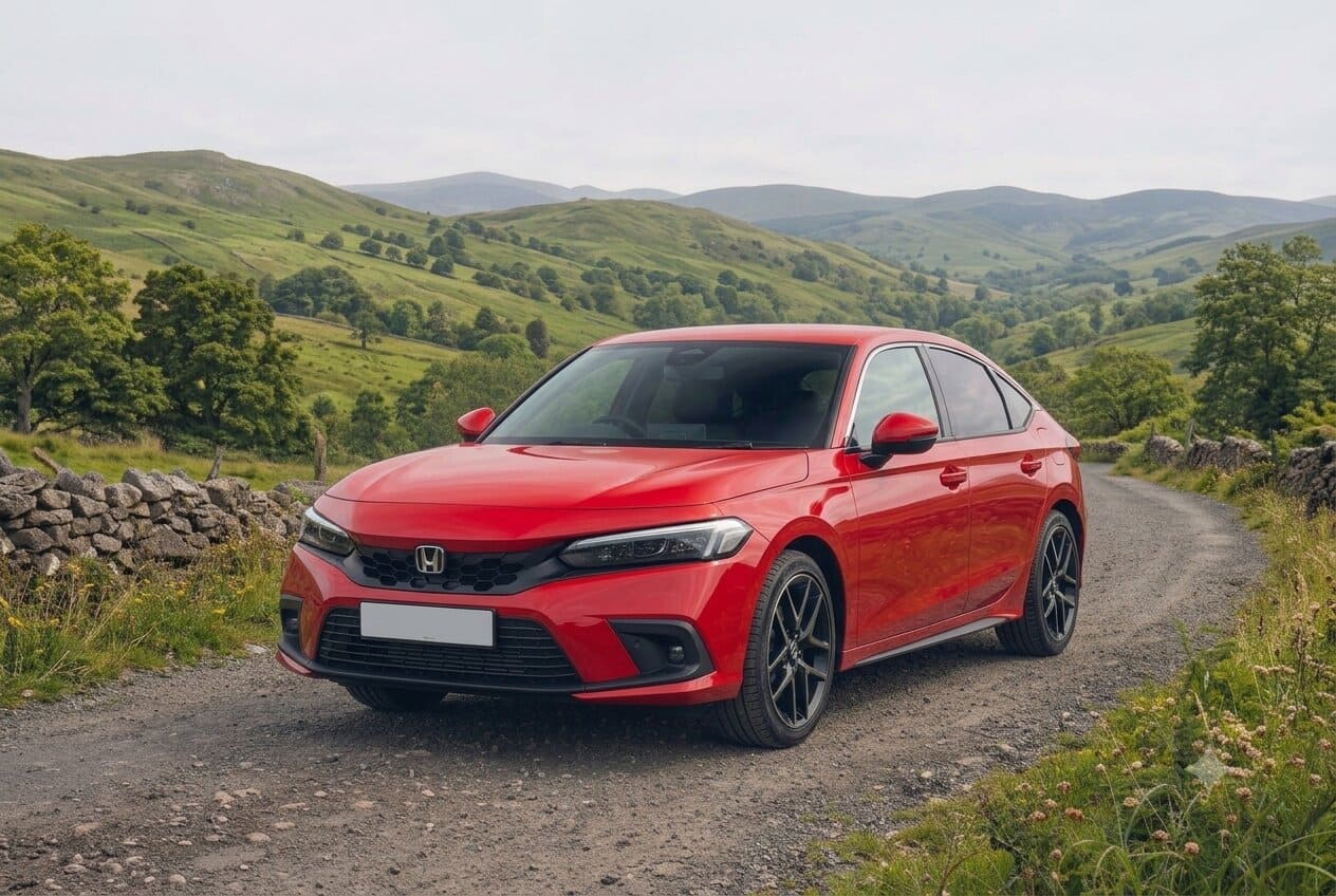 Illustration of a used Honda Civic in the Irish countryside