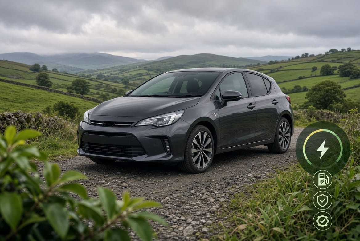 Illustration of a used hybrid car in the Irish countryside