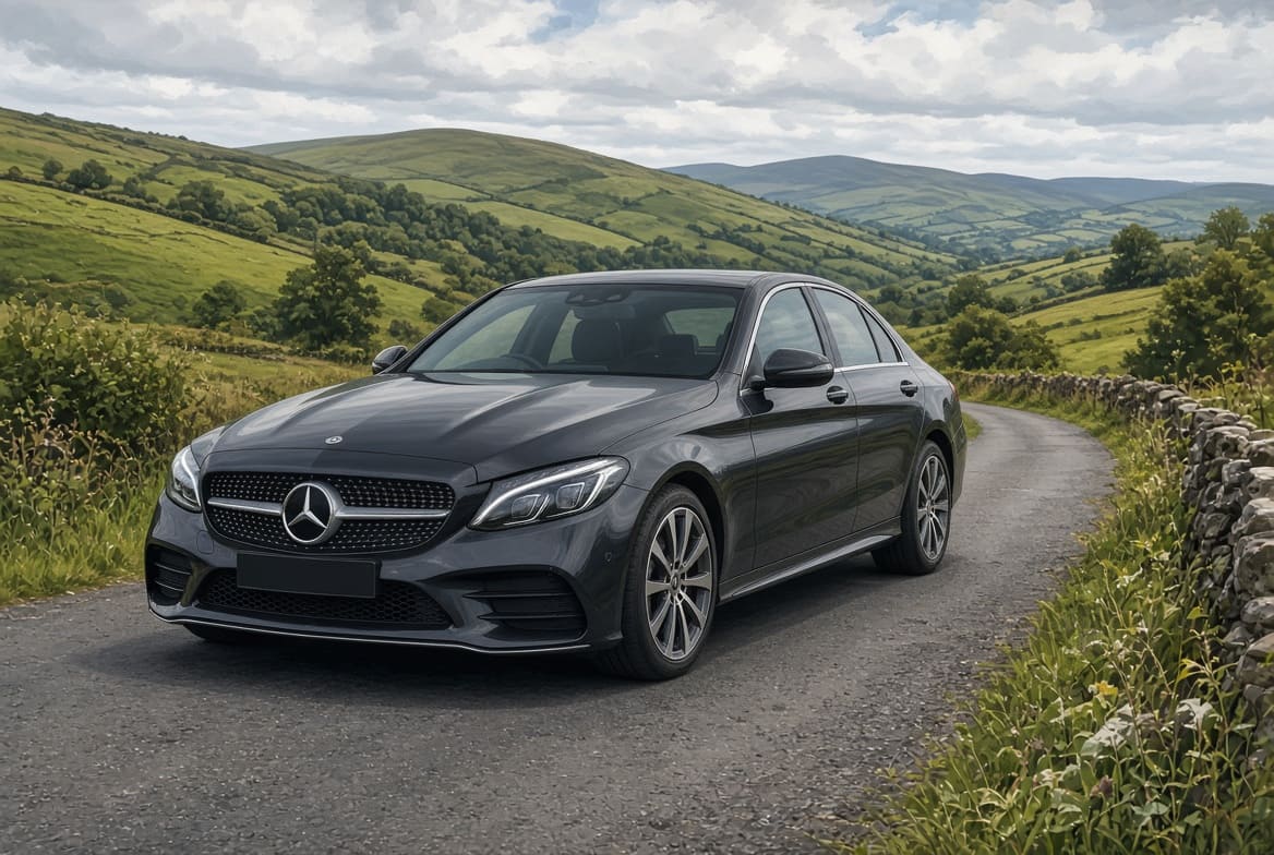 Illustration of a used Mercedes-Benz C-Class in the Irish countryside
