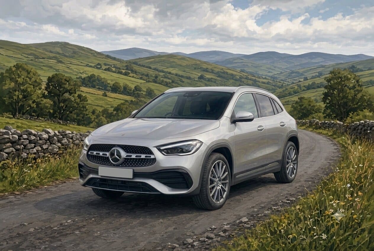 Illustration of a used Mercedes-Benz GLA in the Irish countryside
