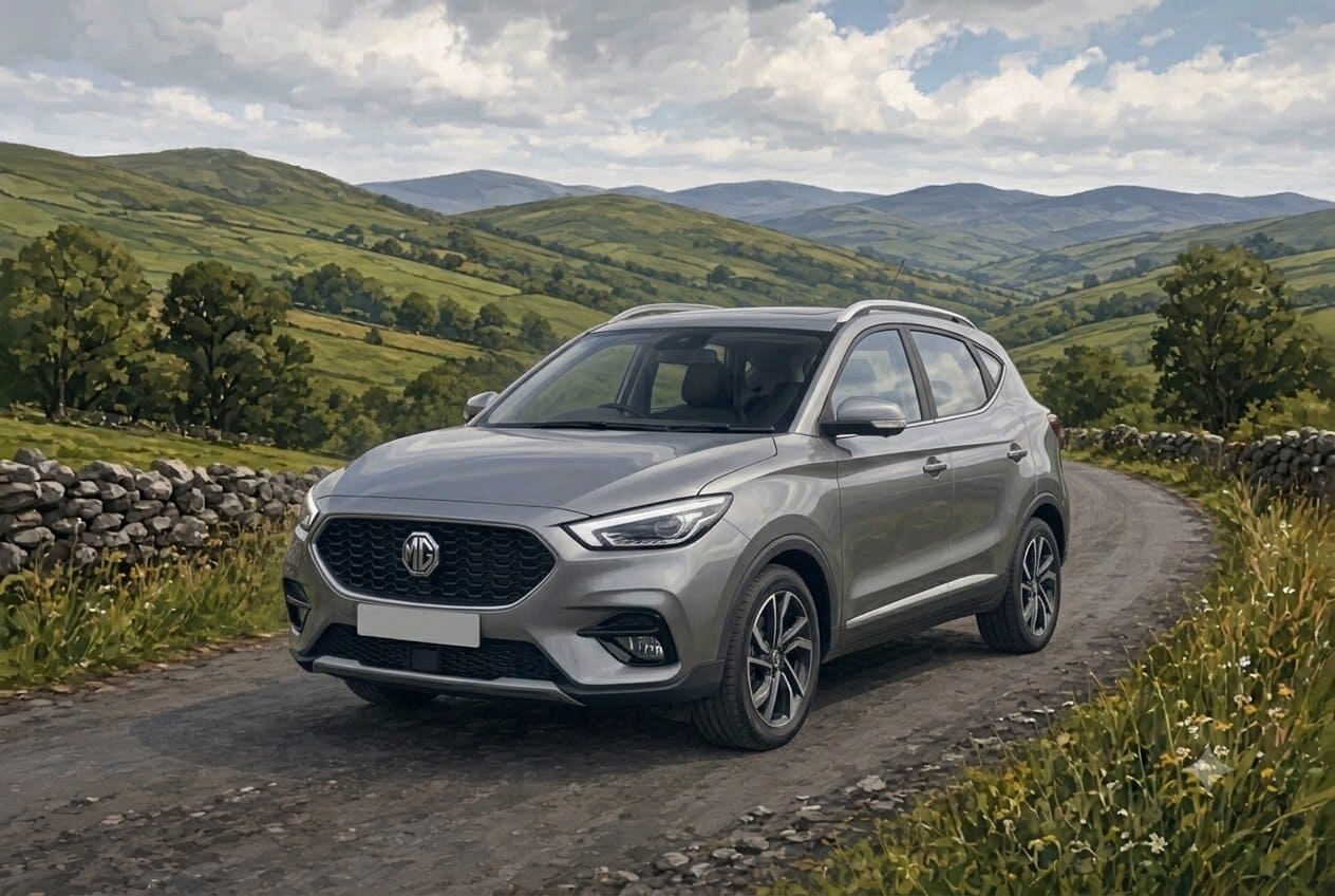 Illustration of a used MG ZS in the Irish countryside