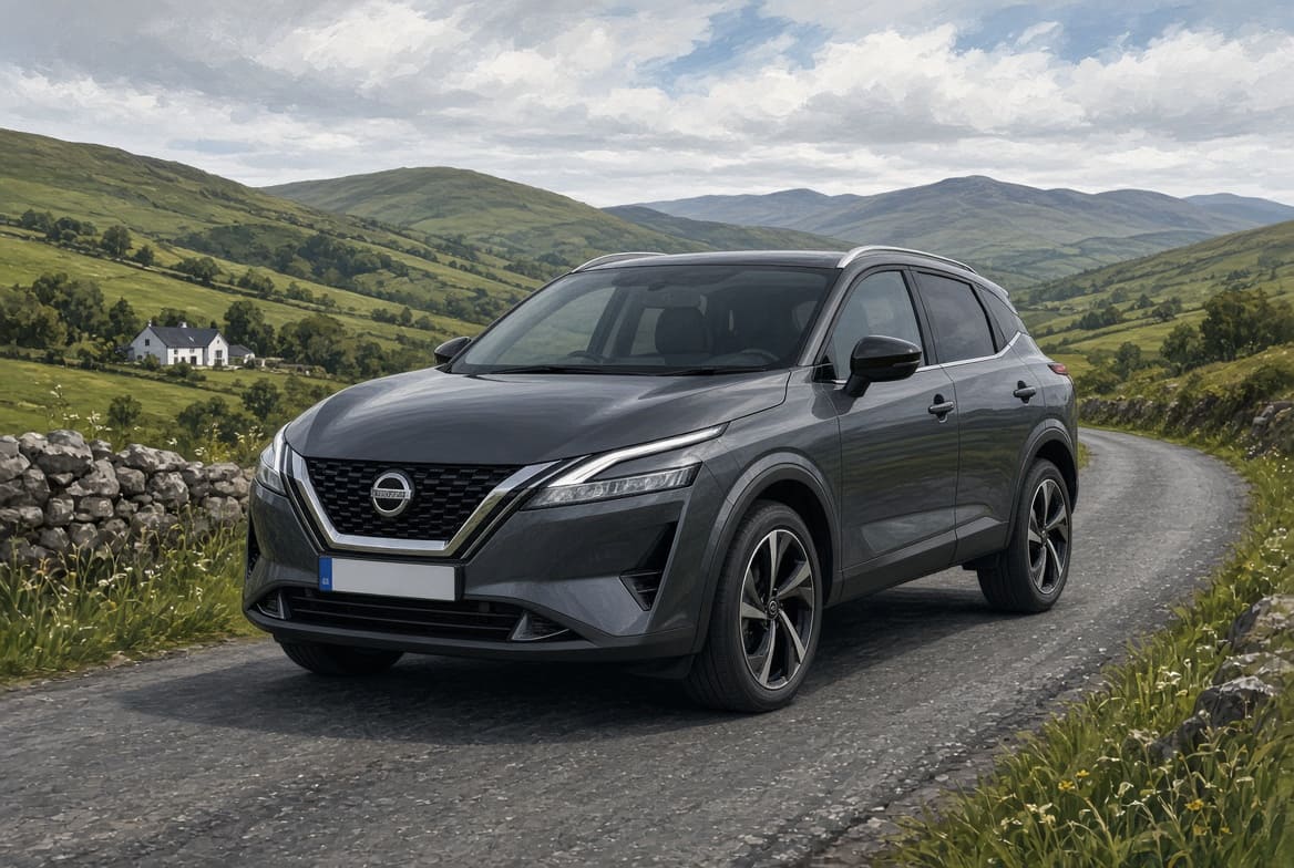 Illustration of a used Nissan Qashqai in the Irish countryside