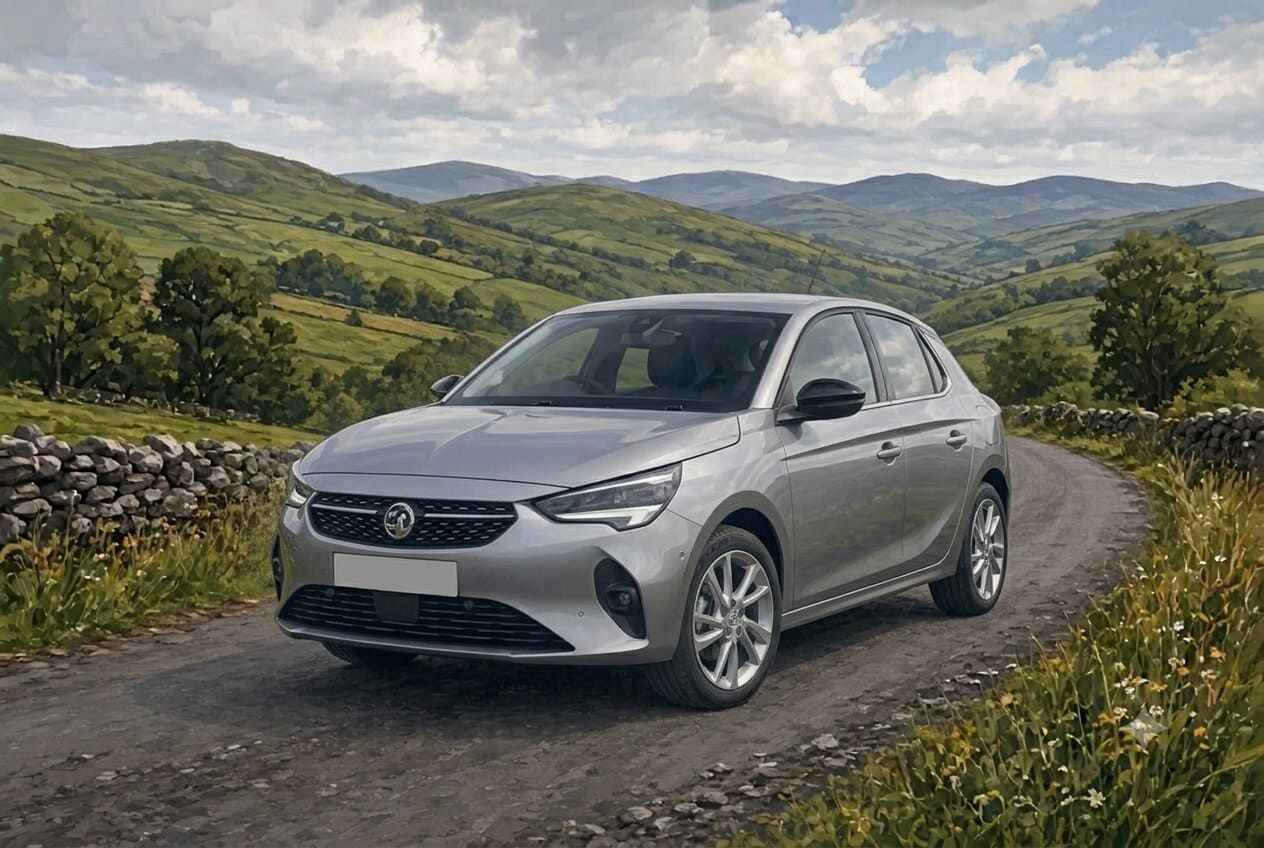 Illustration of a used Opel Corsa in the Irish countryside