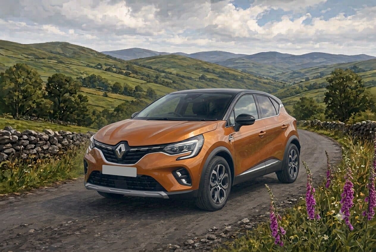 Illustration of a used Renault Captur in the Irish countryside