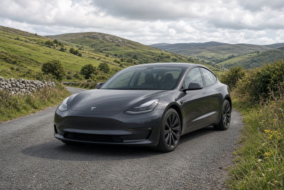 Illustration of a used Tesla Model 3 in the Irish countryside