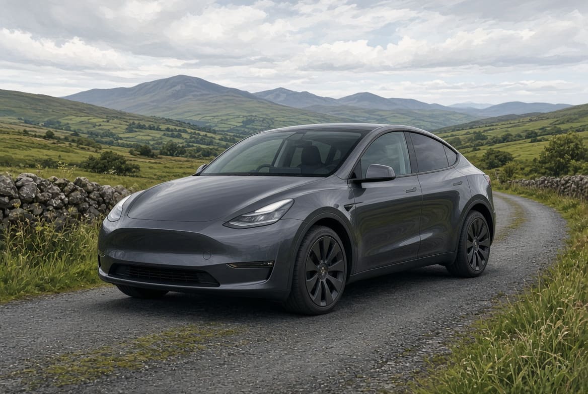 Illustration of a used Tesla Model Y in the Irish countryside