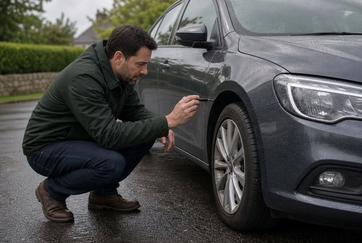 A buyer checking the front wheel and bodywork of a used car