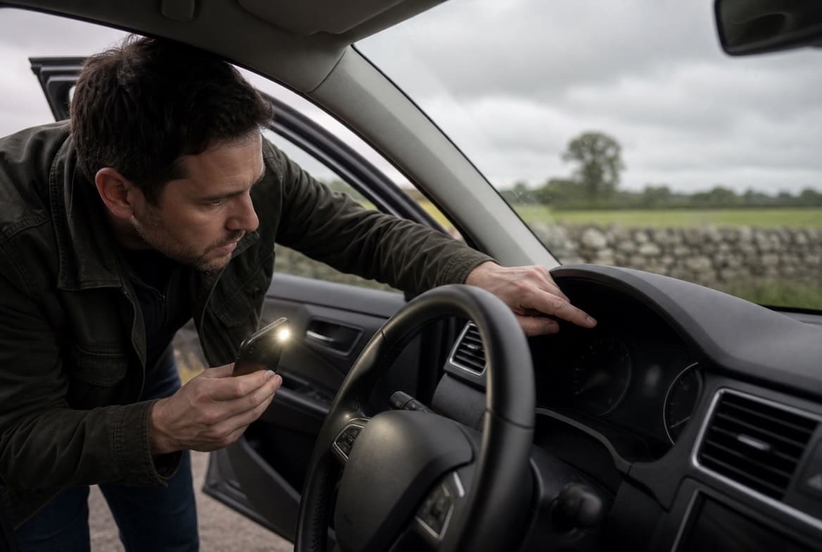 Buyer using a phone to inspect a car dashboard and odometer