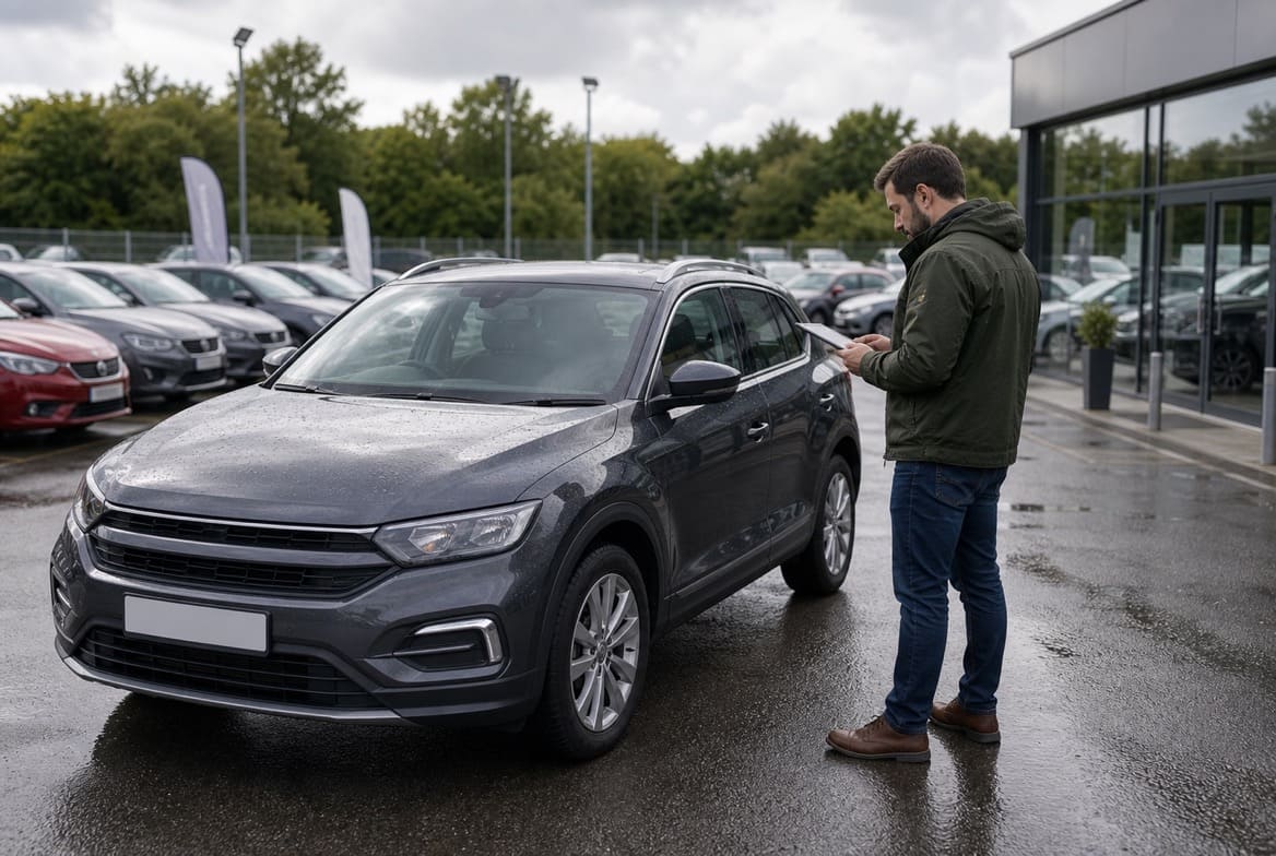 Car buyer checking vehicle paperwork at a used-car dealership in Ireland