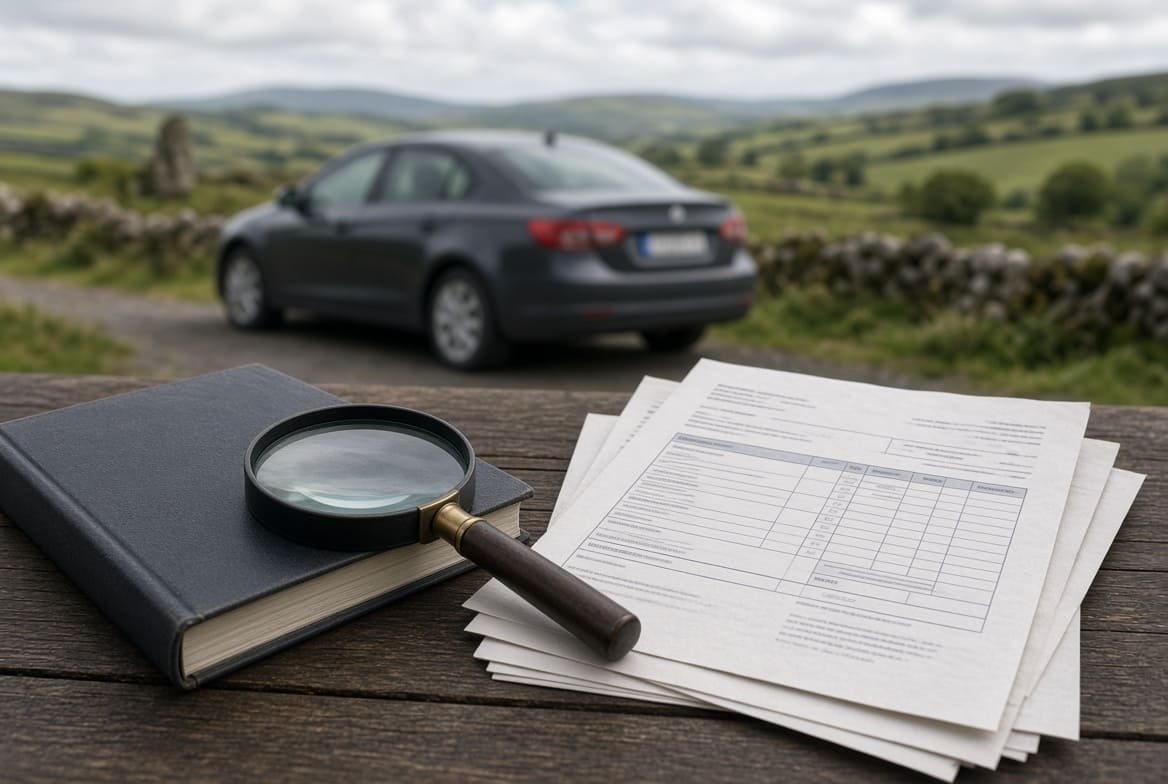 Illustration of checking used-car service history and documents in Ireland