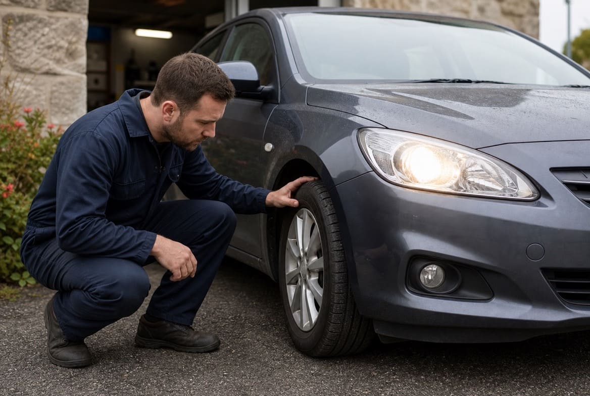 Checking a car tyre and headlamp before an NCT test in Ireland