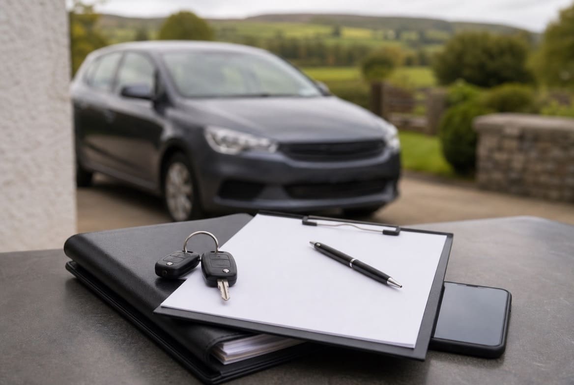 Editorial illustration for private car sale paperwork in Ireland