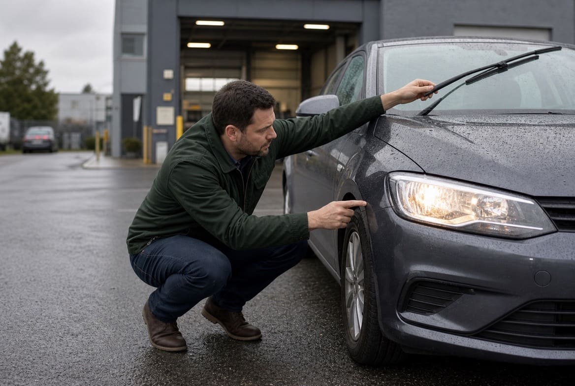 Driver checking tyres, lights and wipers before an NCT appointment