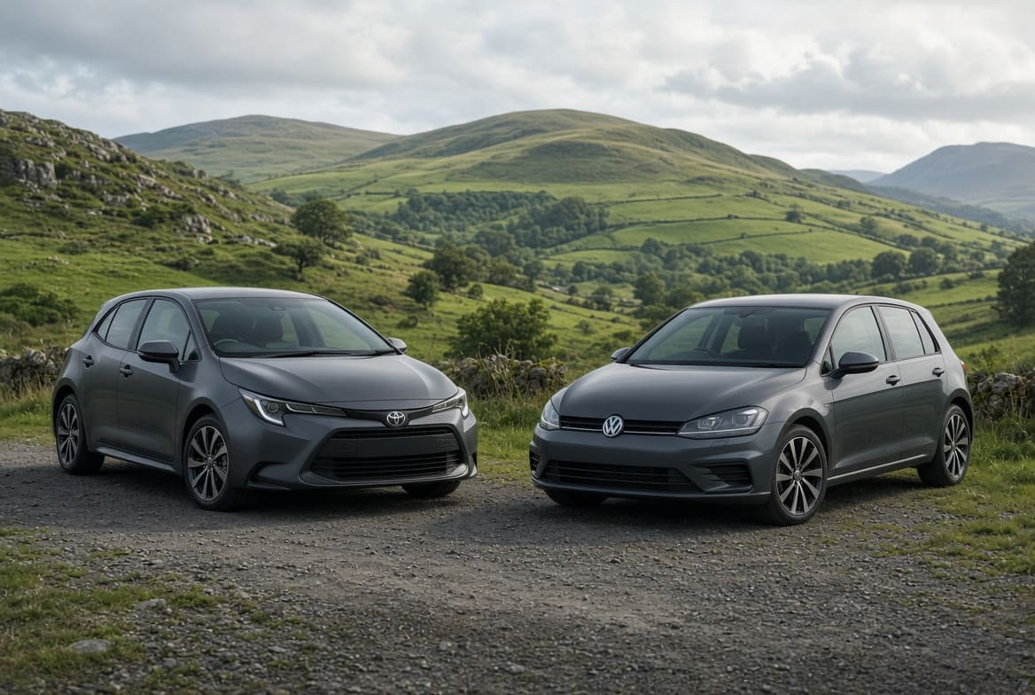 Illustration comparing Toyota Corolla and Volkswagen Golf in Ireland