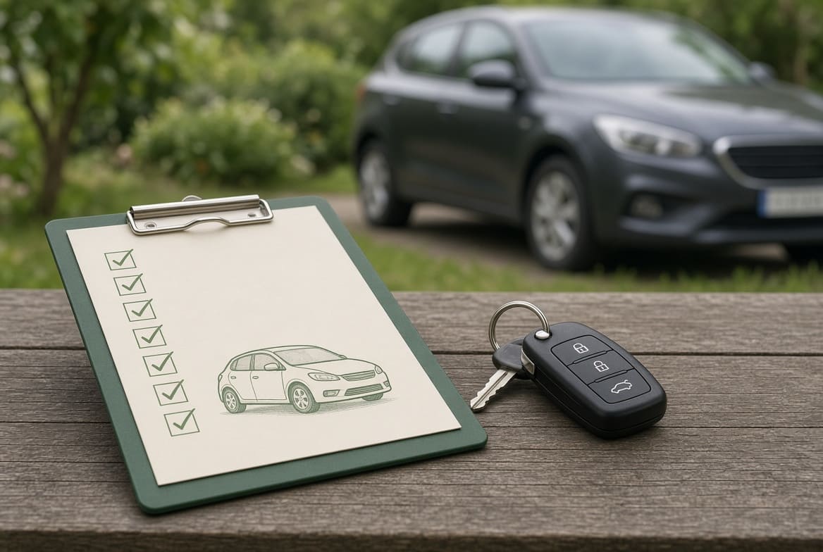 Illustration of NCT status and used car paperwork in Ireland
