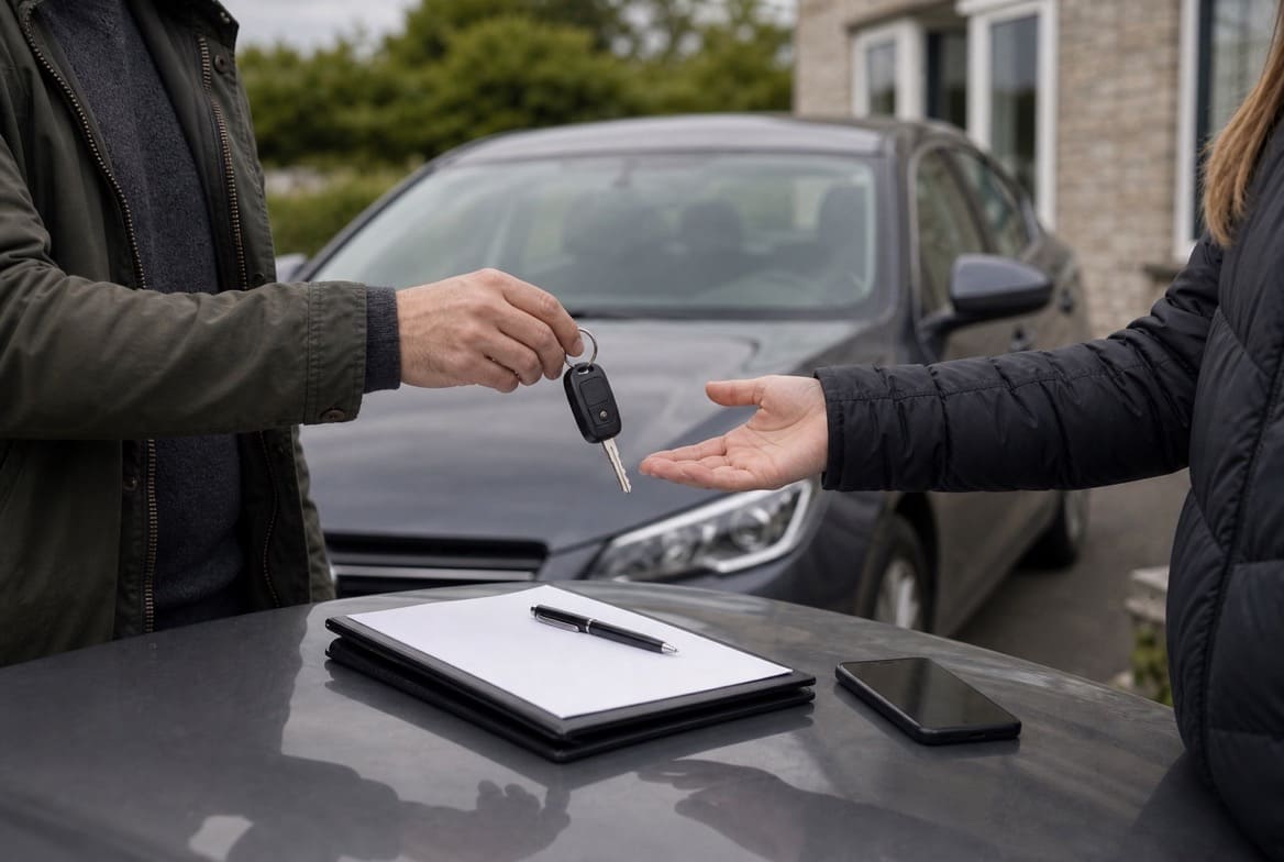 Private seller handing car keys to a buyer after reviewing the sale paperwork
