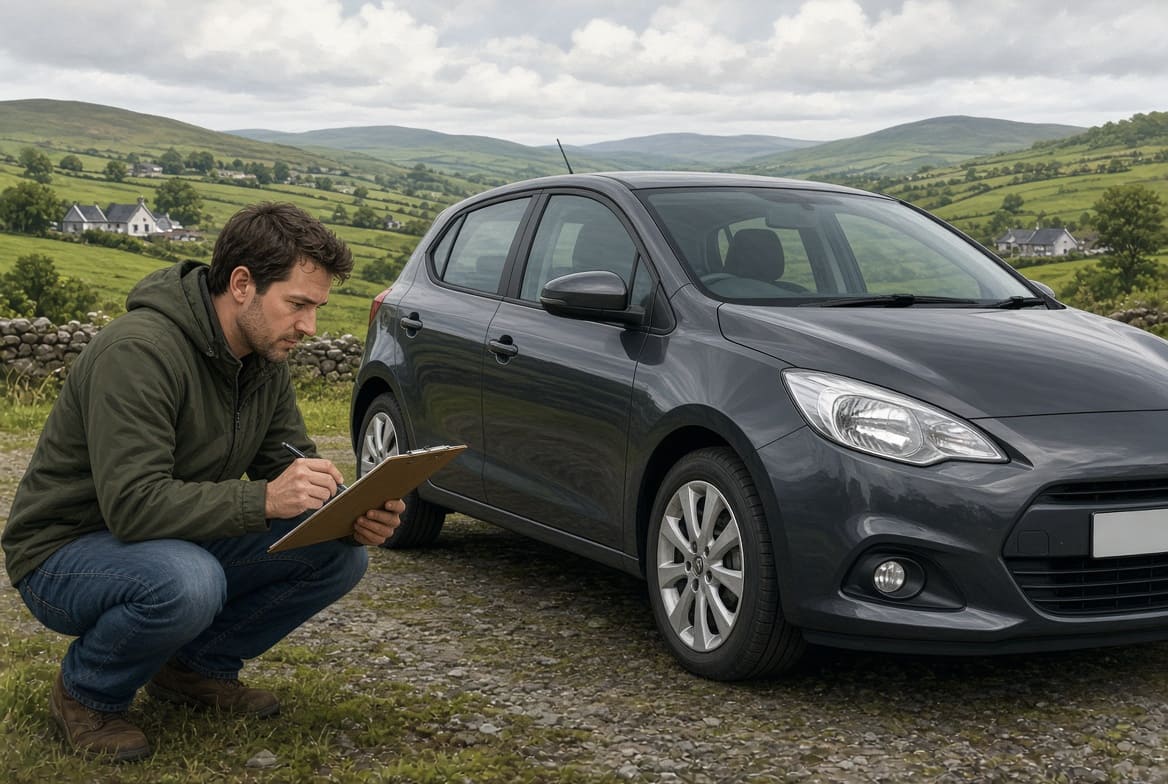 Illustration of inspecting a used car during a viewing in Ireland